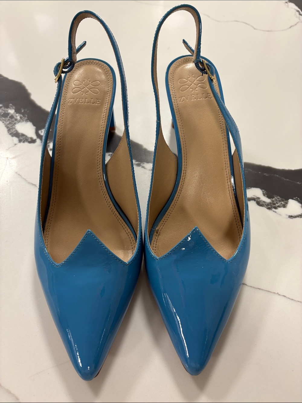 ZVELLE Blue Patent Leather Slingback Pumps